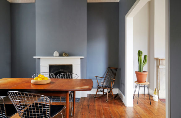 House of Sylphina interior design, Stoke Newington. Contemporary dining room with real fireplace.