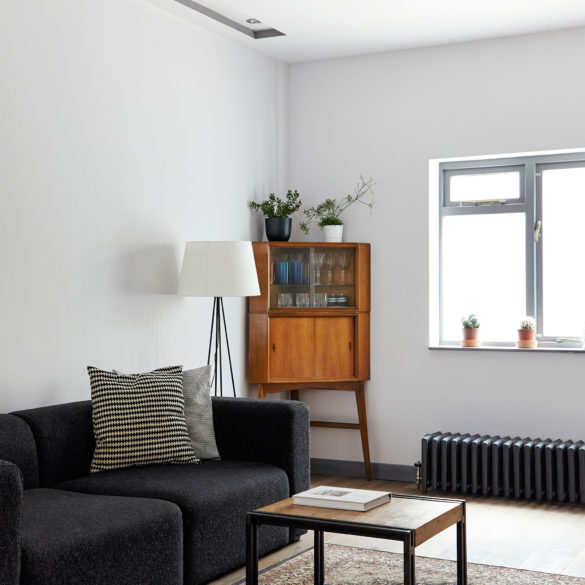 House of Sylphina interior design, Dalston. Monochrome living space with wooden accents