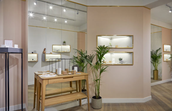 House of Sylphina commercial interior design for Astrid and Miyu flagship, London. Millennial pink fashion showroom.