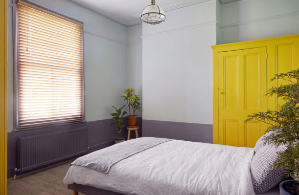House of Sylphina, contemporary interior design, Stoke Newington. Yellow wardrobe in a neutral setting.