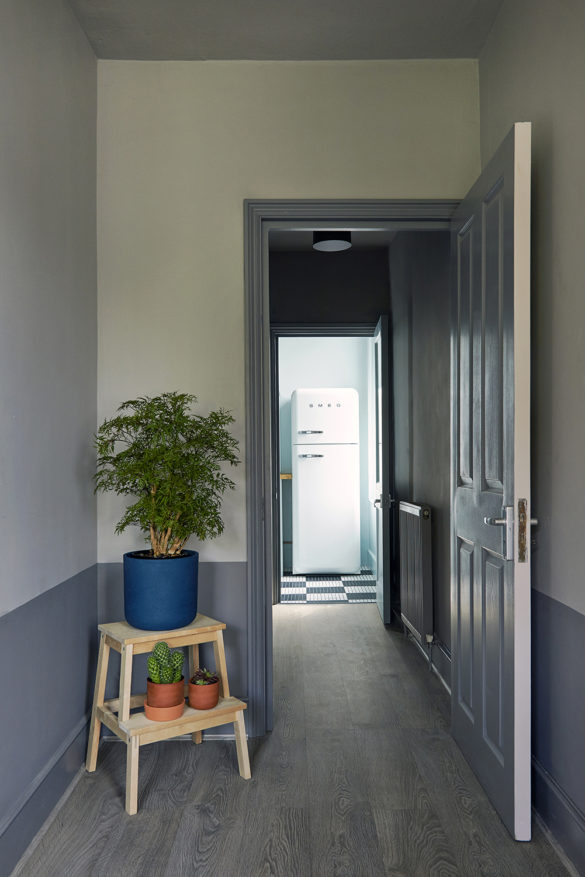 House of Sylphina, contemporary interior design, Stoke Newington. Grey corridor with plant detail.