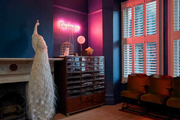 House of Sylphina. Interior designer, North London. Blue living room with pink neon lighting.